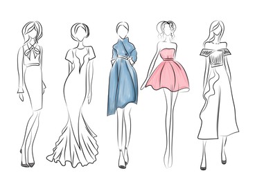 Illustration of Fashion sketch. Models wearing stylish clothes on white background, illustration