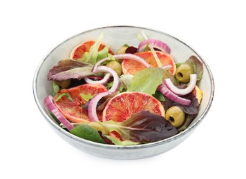 Photo of Bowl of delicious sicilian orange salad isolated on white