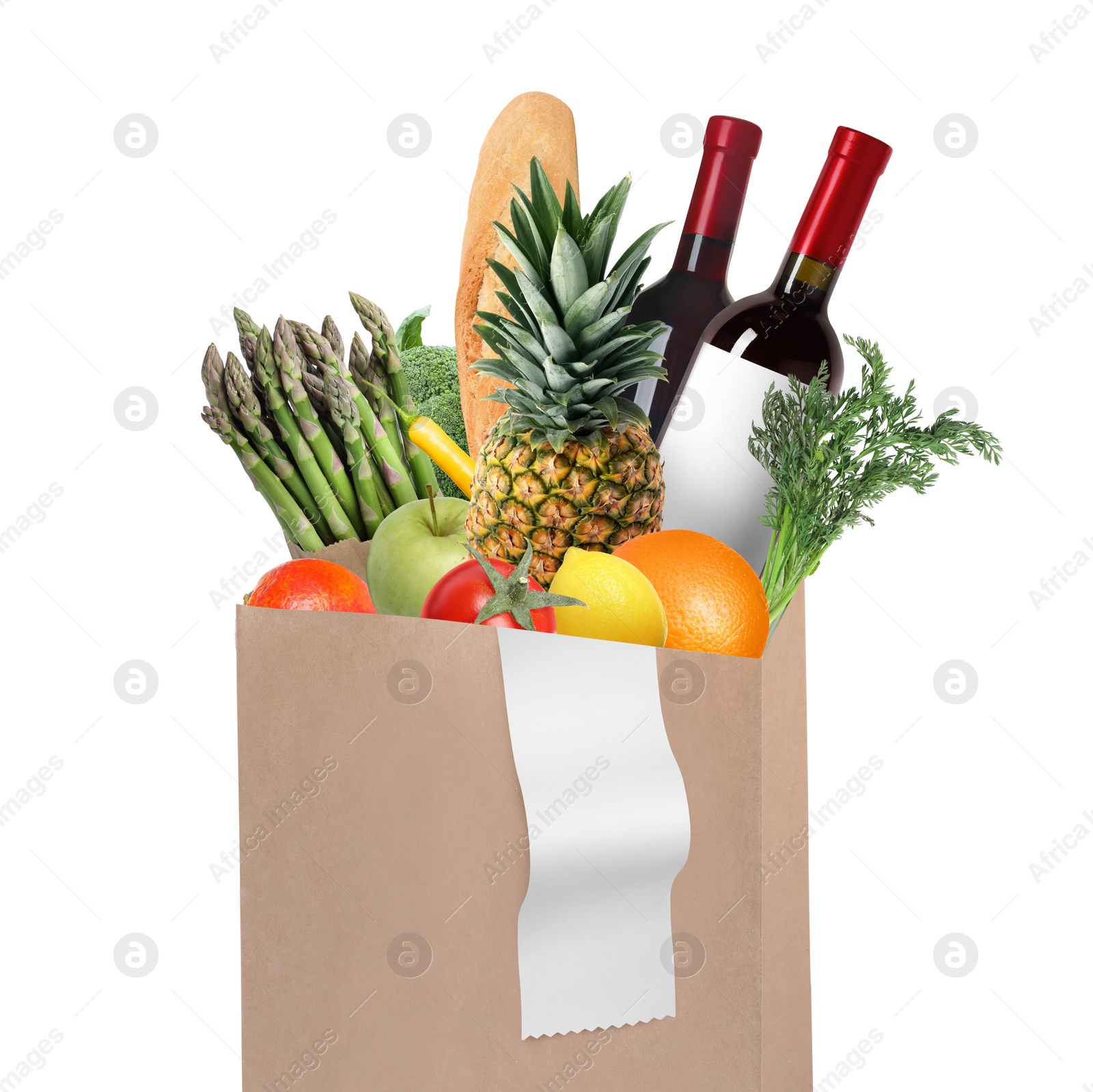 Image of Paper bag with different products and receipt isolated on white