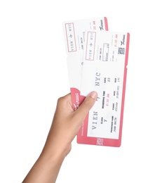 Photo of Woman holding tickets on white background, closeup. Travel agency concept