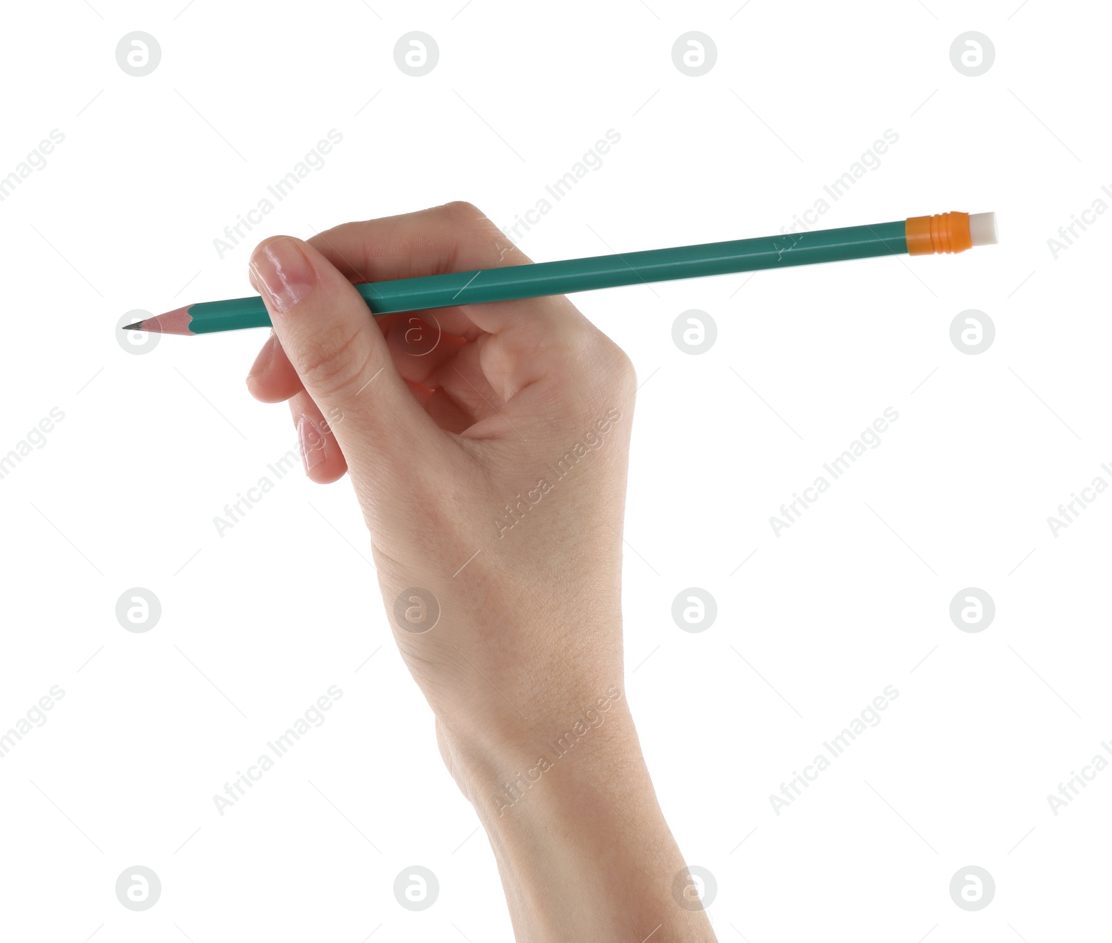 Photo of Woman with graphite pencil on white background, closeup