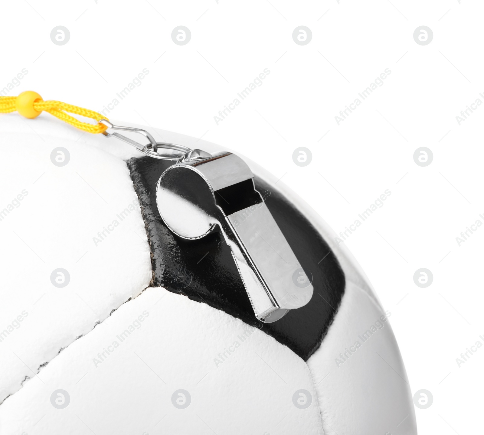 Photo of Football referee. Ball and whistle isolated on white