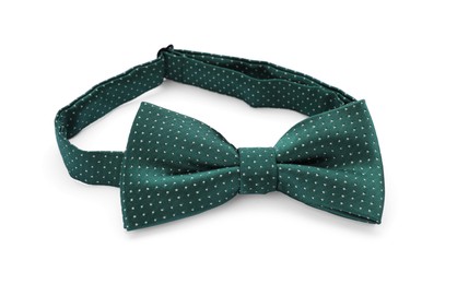 Photo of Stylish green bow tie with polka dot pattern on white background