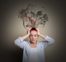 Image of Young woman having headache on beige background. Illustration of smoke representing severe pain