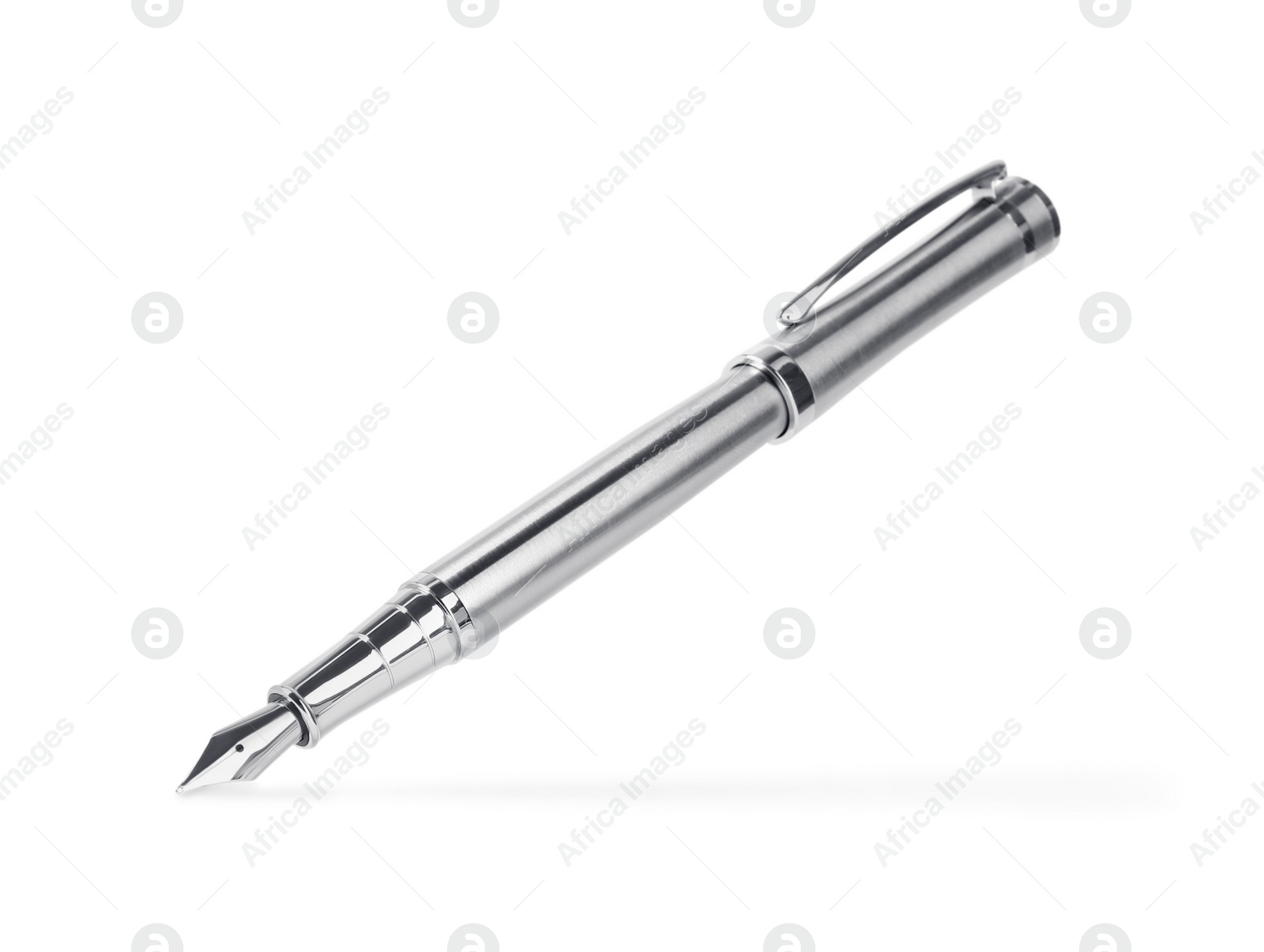 Photo of Stylish silver fountain pen isolated on white