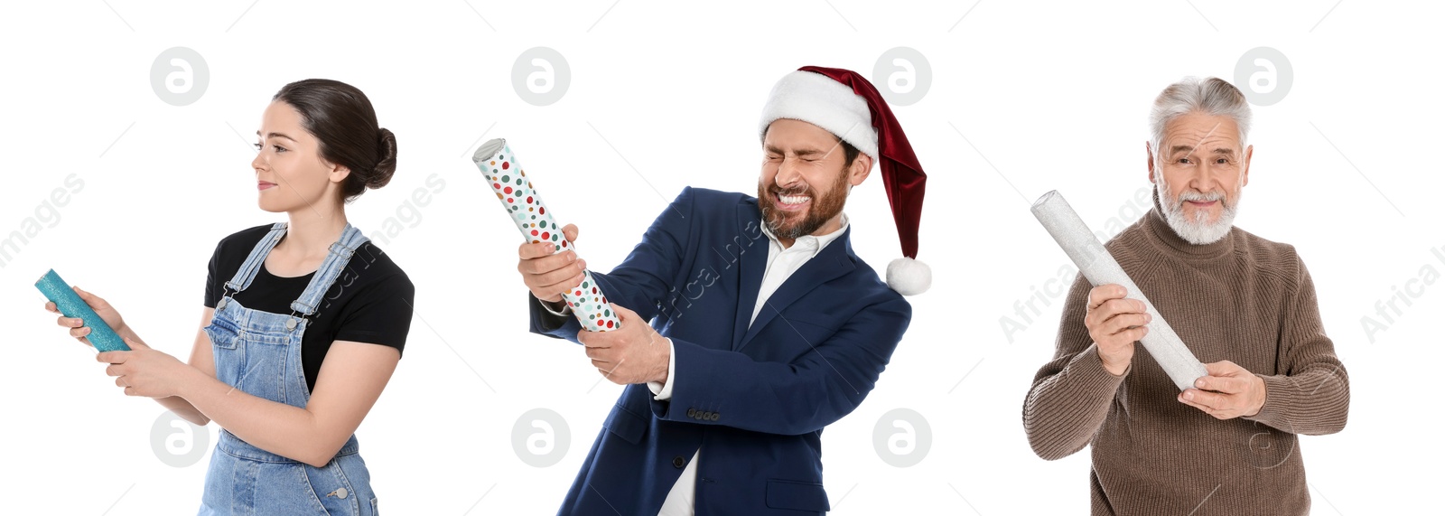 Image of Collage with photos of different people blowing up party poppers on white background