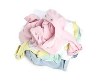 Photo of Pile of colorful clothes isolated on white, top view