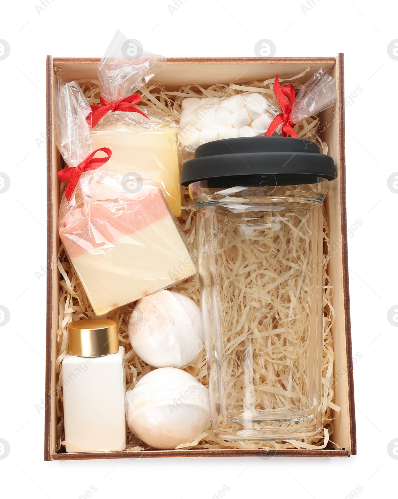 Photo of Gift set with glass cup, marshmallows and different products in box on white background, top view. Stylish present