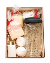 Photo of Gift set with glass cup, marshmallows and different products in box on white background, top view. Stylish present