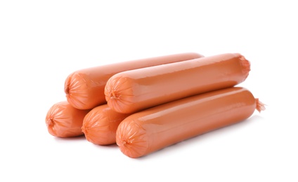 Photo of Encased sausages on white background. Meat product