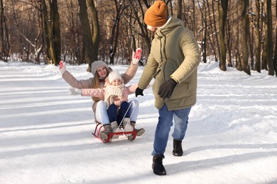 Happy family having fun with sledge in snowy forest