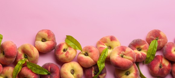 Fresh flat peaches on pink background, top view. Banner design with space for text