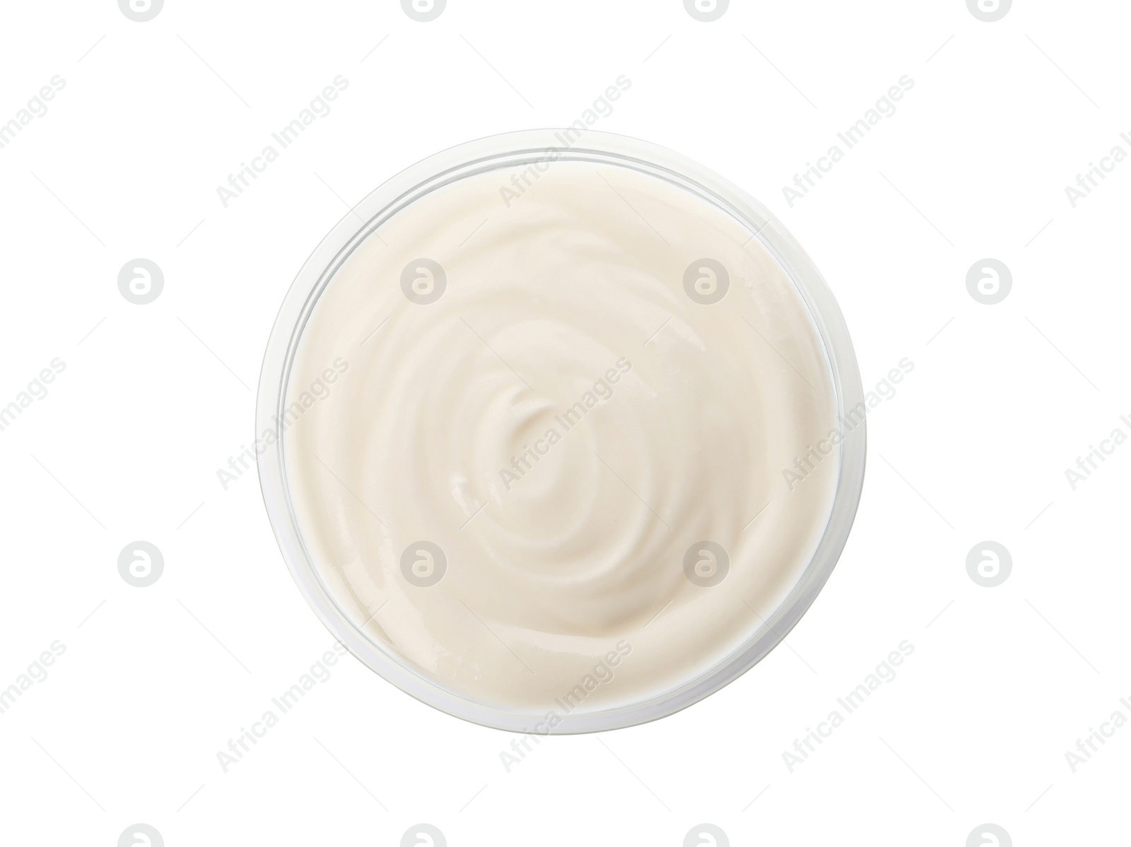 Photo of Bowl with delicious organic yogurt isolated on white, top view