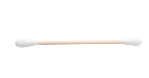 Photo of Wooden cotton swab on white background. Hygienic accessory