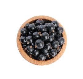 Ripe blackcurrants in bowl isolated on white, top view