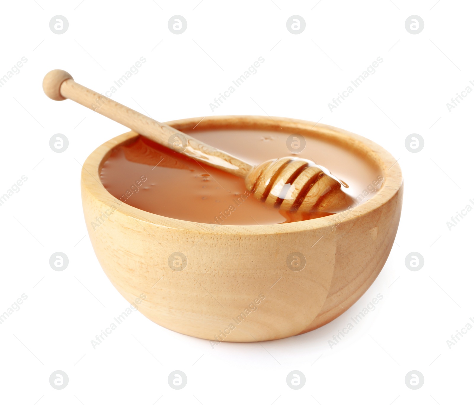 Photo of Tasty honey in bowl and dipper isolated on white