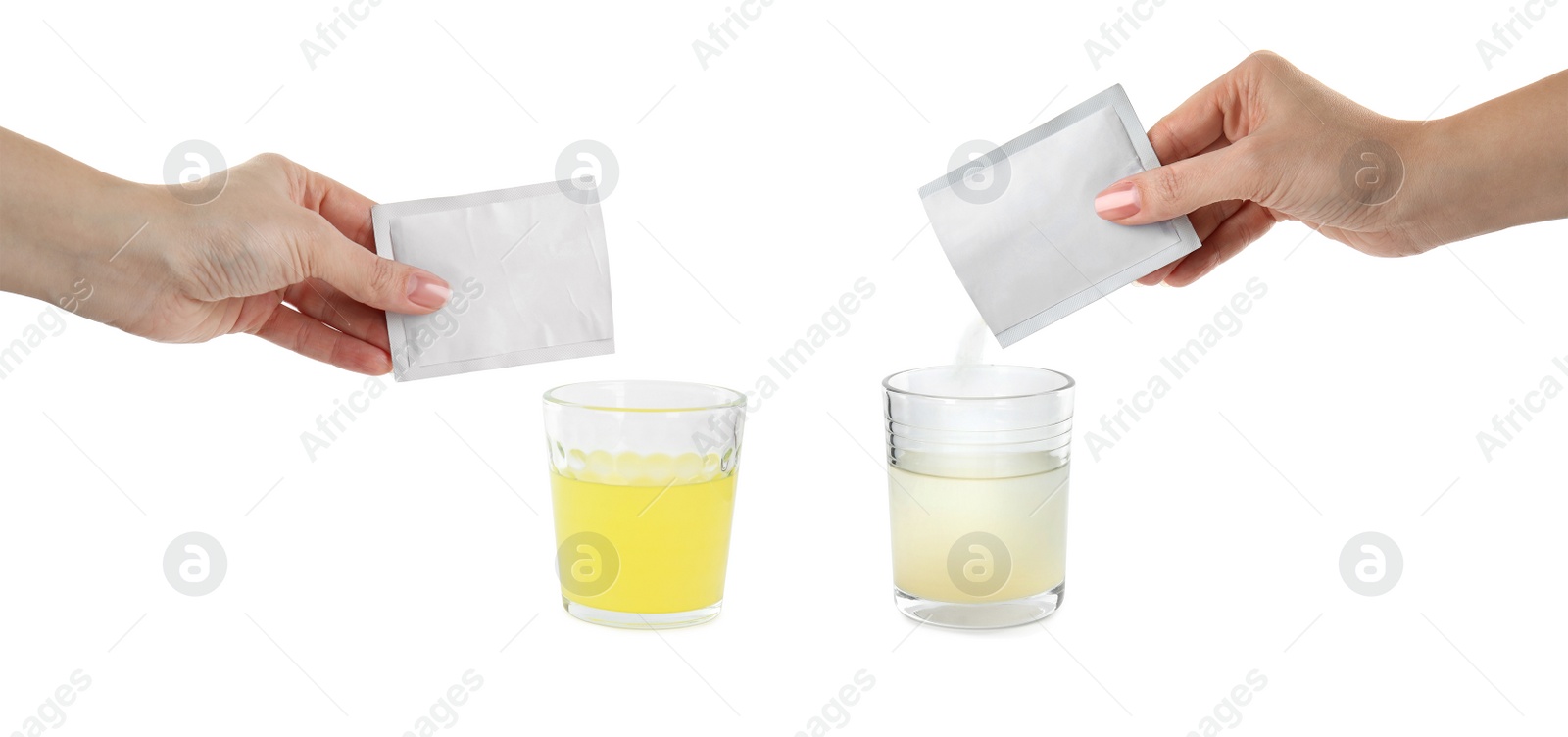 Image of Closeup view of women pouring medicine from sachets into water on white background, collage
