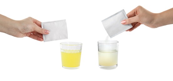 Closeup view of women pouring medicine from sachets into water on white background, collage