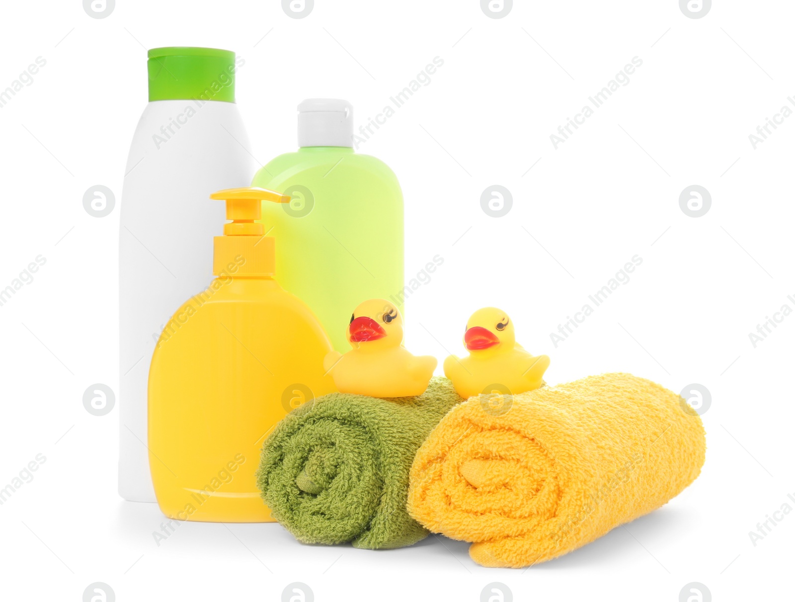 Photo of Baby cosmetic products, toys and towels isolated on white