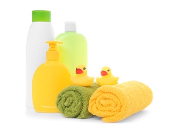 Photo of Baby cosmetic products, toys and towels isolated on white