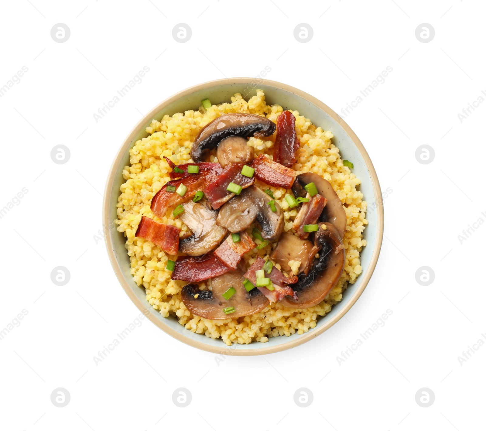 Photo of Tasty millet porridge with mushrooms, bacon and green onion in bowl isolated on white, top view