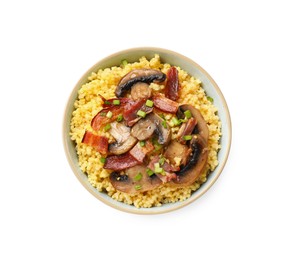 Tasty millet porridge with mushrooms, bacon and green onion in bowl isolated on white, top view