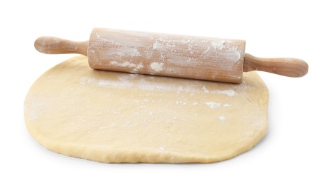 Photo of Raw dough and rolling pin isolated on white