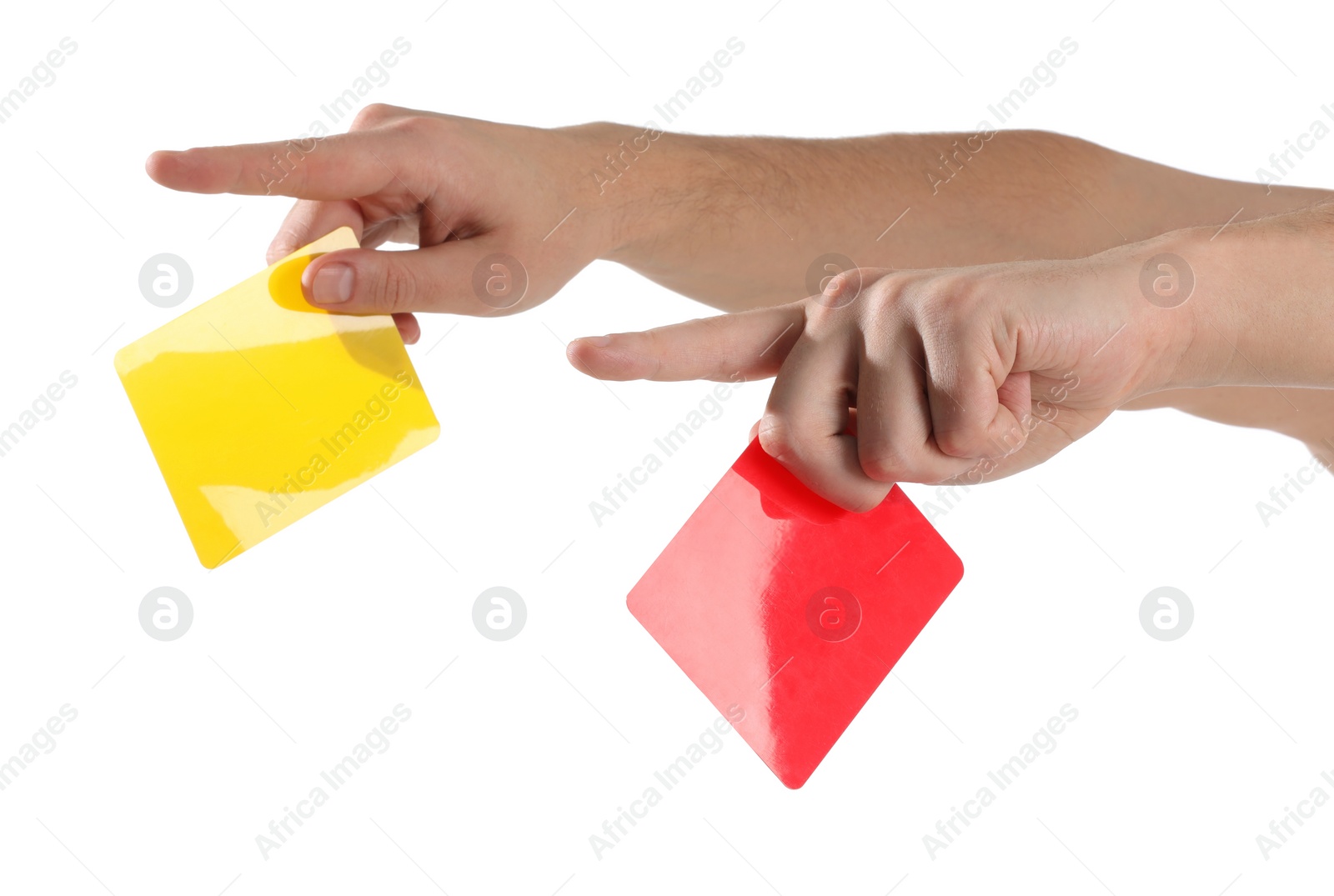 Photo of Referee holding cards and pointing on white background, closeup