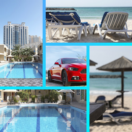 Collage of beautiful pictures with luxury hotels, tropical resorts and modern car