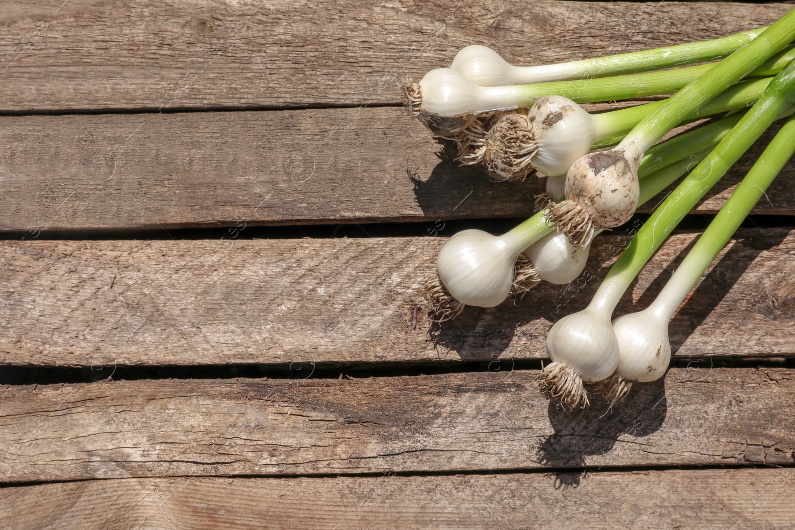 Photo of Fresh garlic bulbs on wooden background, top view