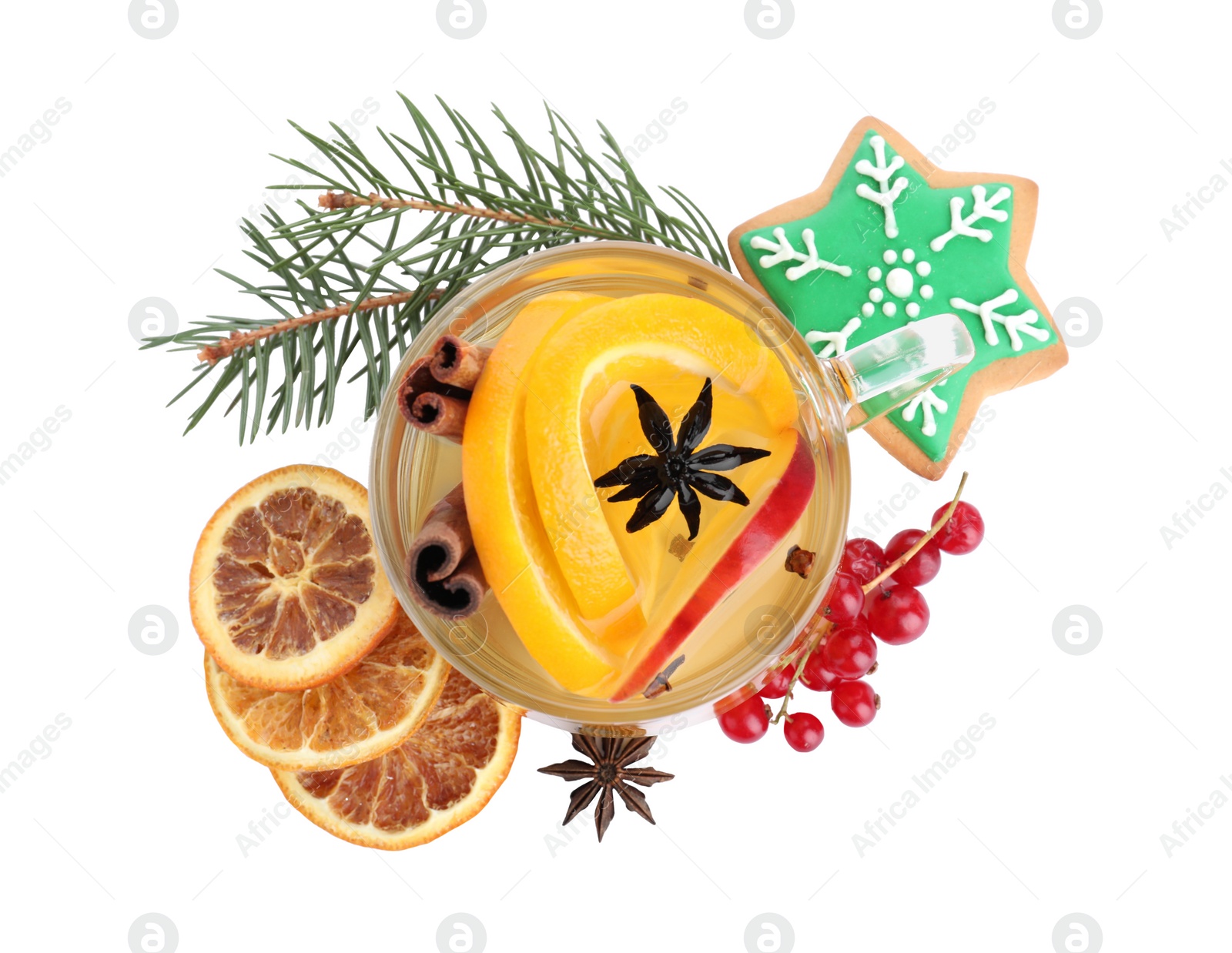 Photo of Composition with aromatic mulled wine on white background, top view