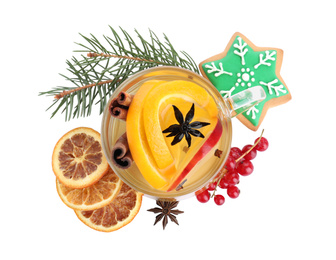 Photo of Composition with aromatic mulled wine on white background, top view