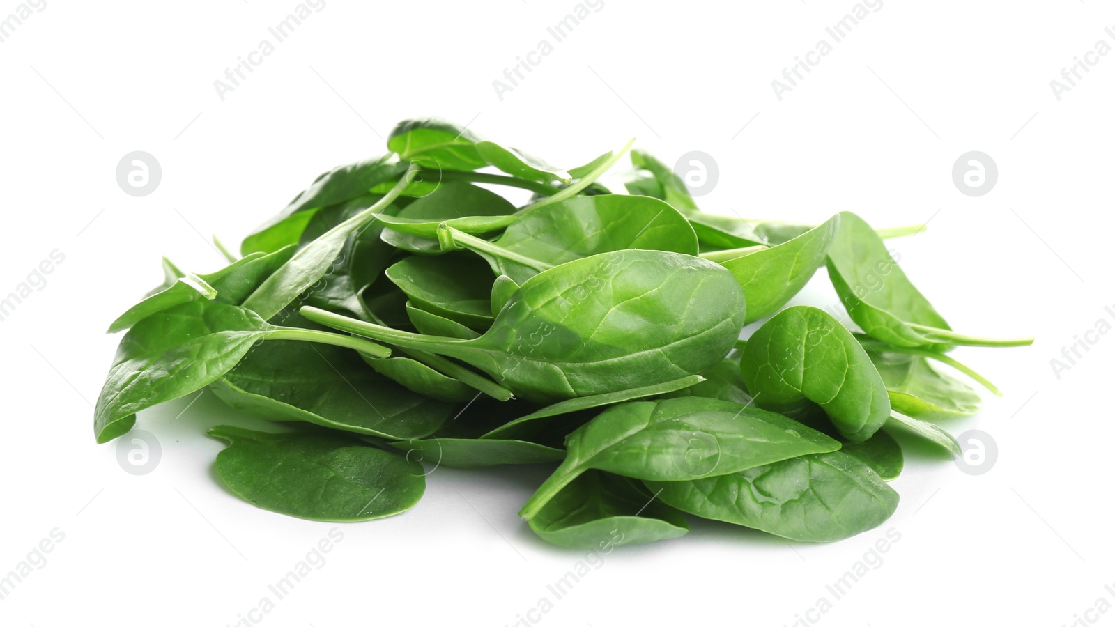 Photo of Pile of fresh green healthy baby spinach leaves on white background