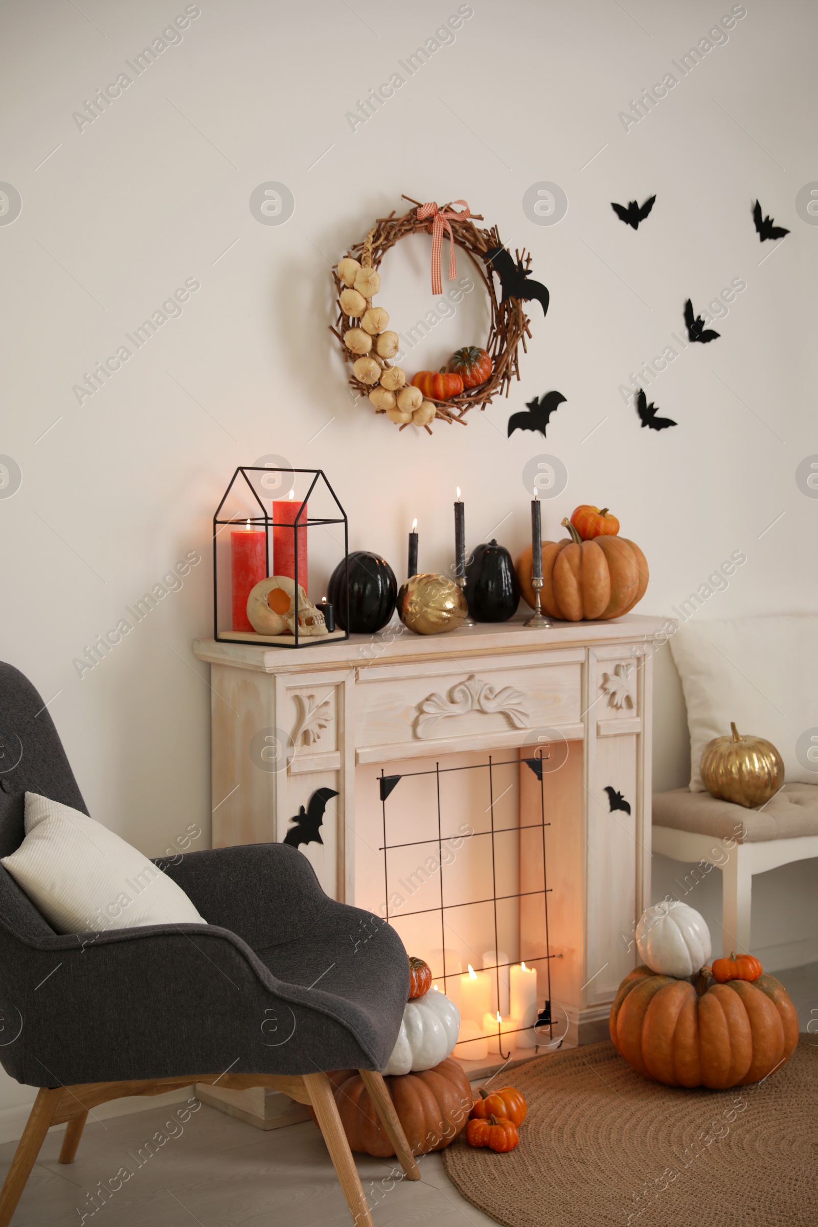 Photo of Modern room decorated for Halloween. Idea for festive interior