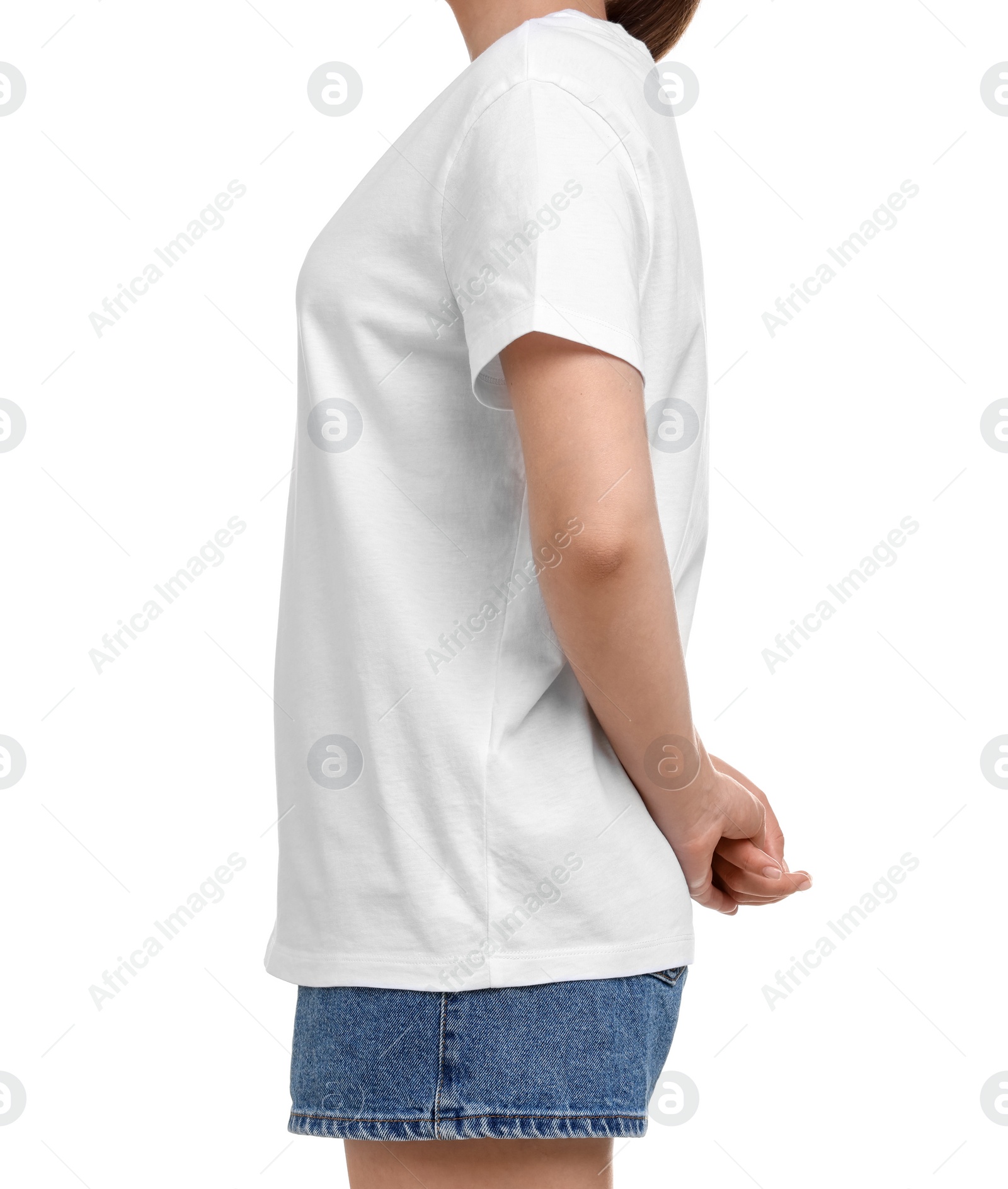 Photo of Woman in stylish t-shirt on white background, closeup