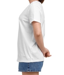 Woman in stylish t-shirt on white background, closeup