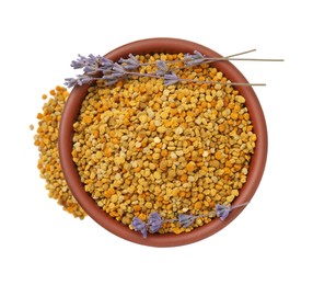 Photo of Fresh bee pollen granules in bowl and lavender isolated on white, top view