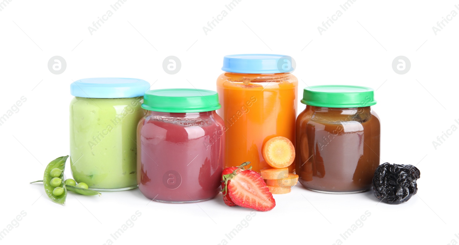 Photo of Jars with baby food and fresh ingredients on white background