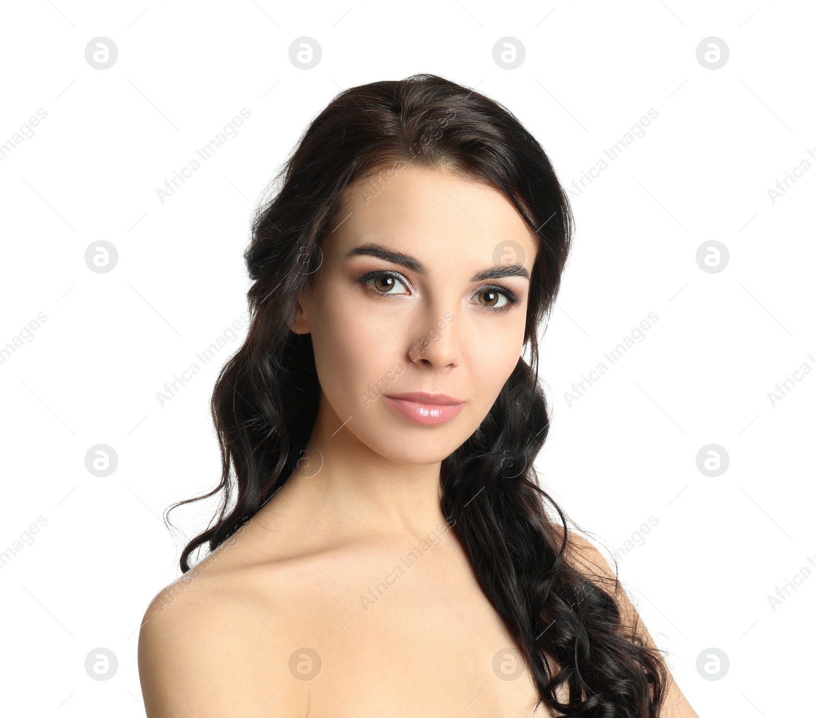 Photo of Portrait of beautiful woman with long hair on white background