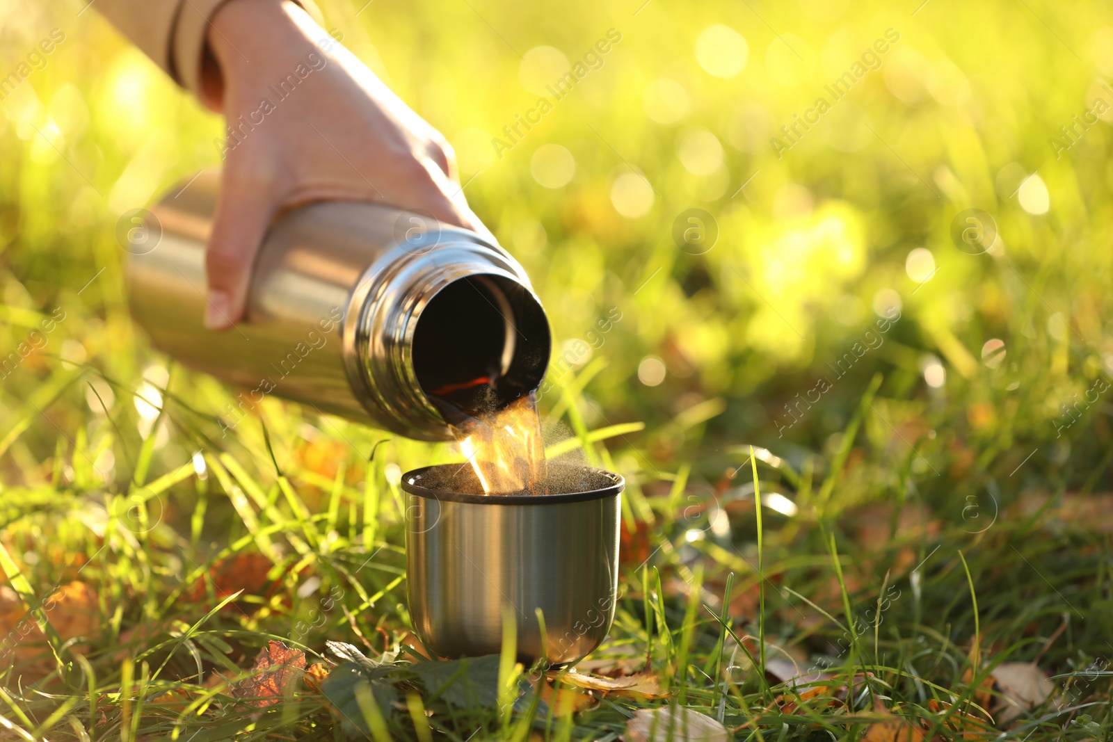 Photo of Woman pouring tea from thermos into cup lid on green grass outdoors, closeup. Space for text