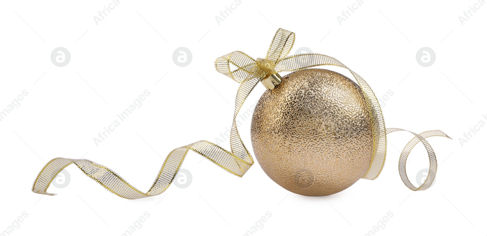 Photo of Beautiful golden Christmas ball with ribbon isolated on white