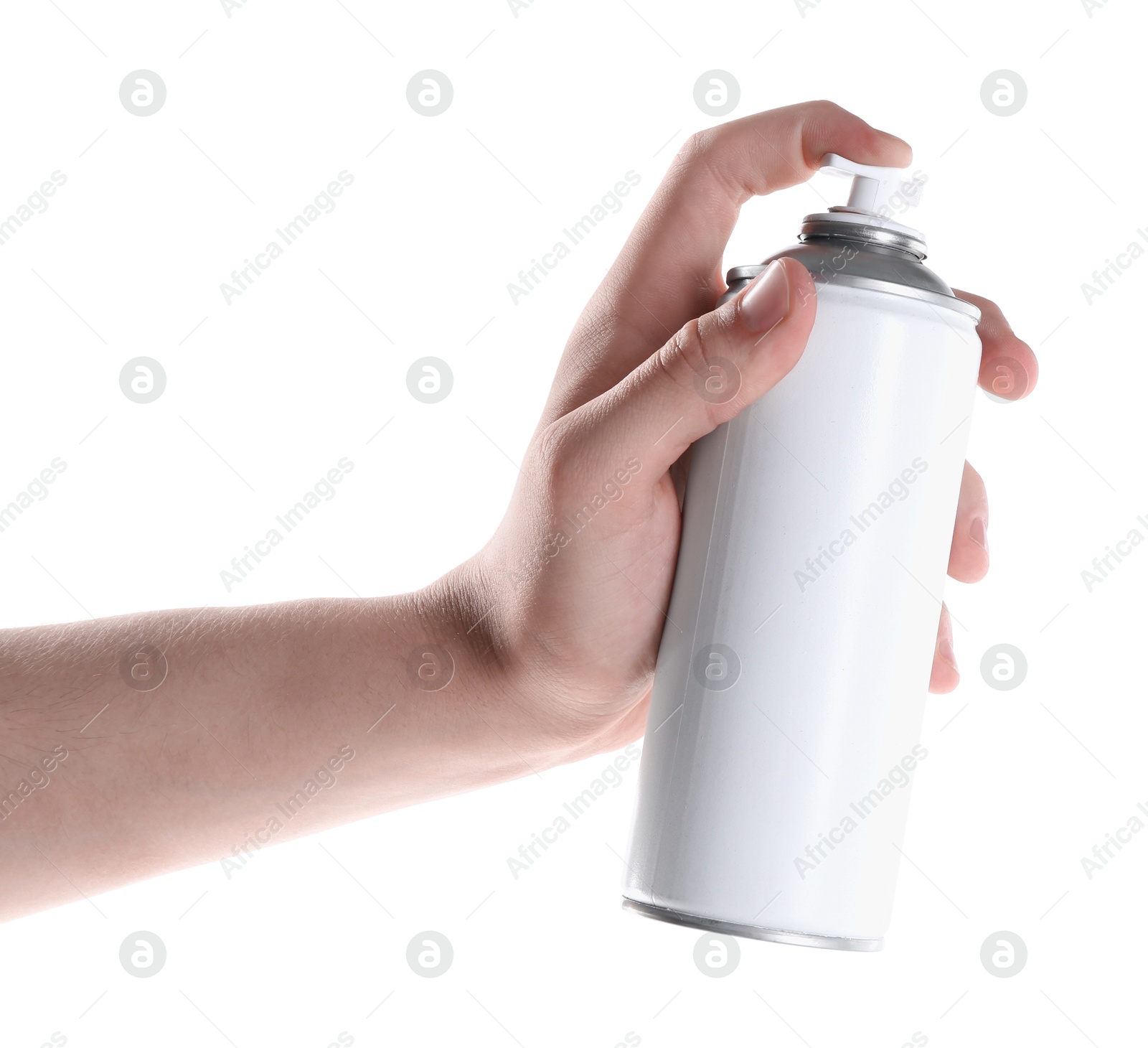 Photo of Man with can of spray paint on white background, closeup