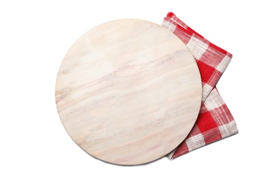 Photo of Empty wooden board and checkered napkin isolated on white, top view