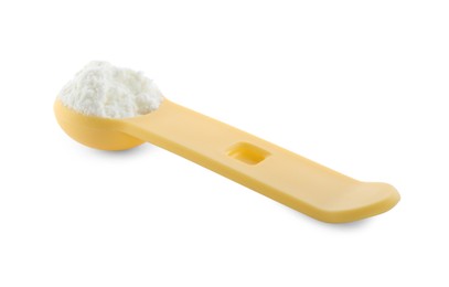 Photo of Measuring scoop of powdered infant formula isolated on white. Baby milk