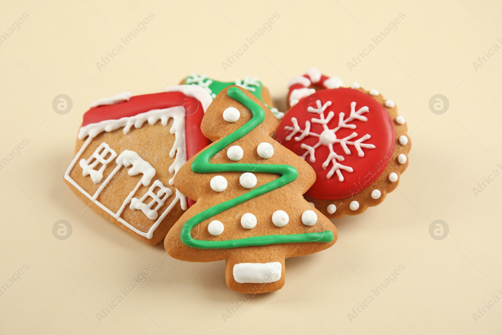 Photo of Tasty homemade Christmas cookies on color background