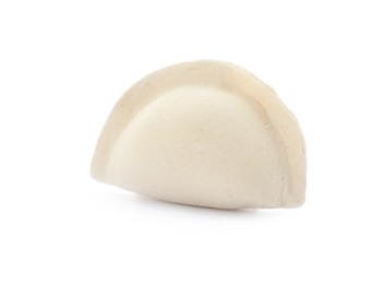 Photo of Raw dumpling with tasty filling on white background