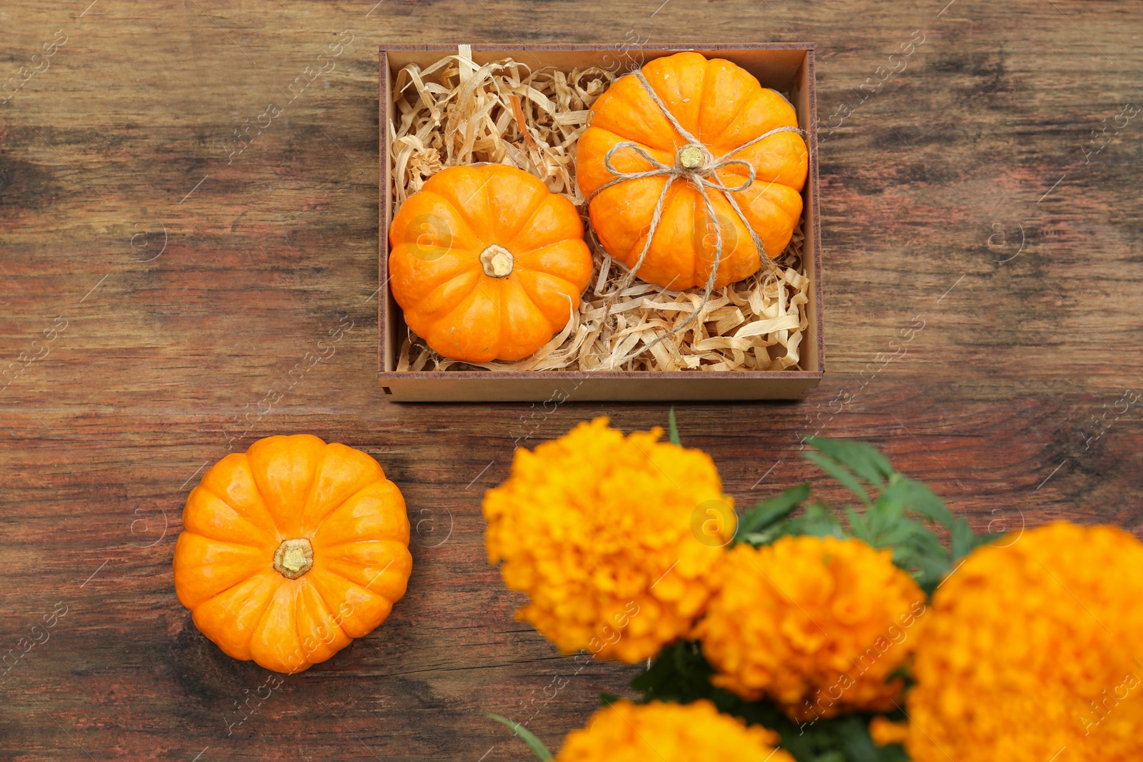 Photo of Ripe pumpkins and flowers on wooden table, flat lay