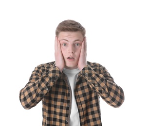 Photo of Portrait of shocked teenage boy on white background