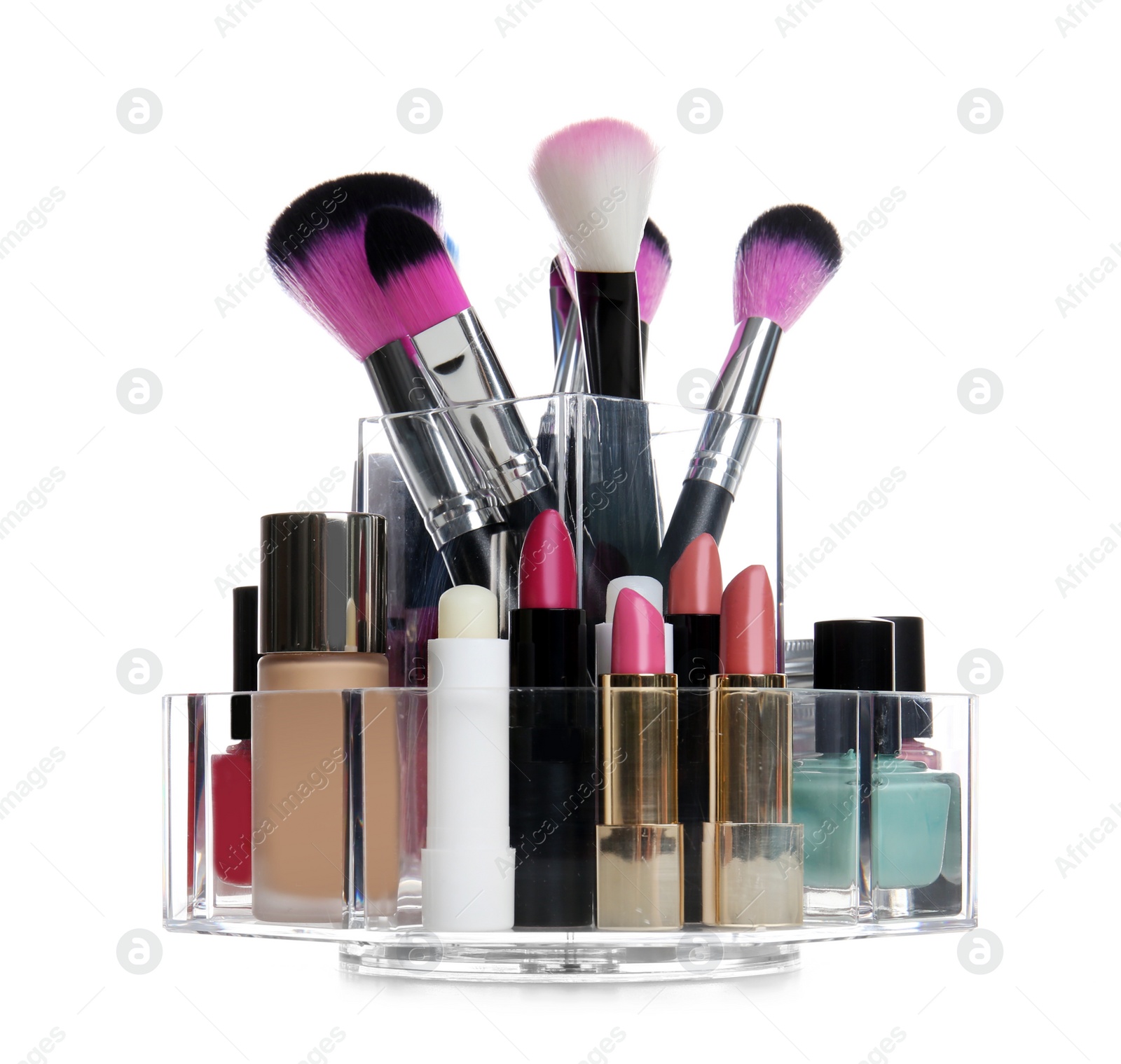 Photo of Set of makeup cosmetic products in organizer on white background