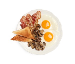 Photo of Plate with fried eggs, mushrooms, bacon and toasted bread isolated on white, top view. Traditional English breakfast